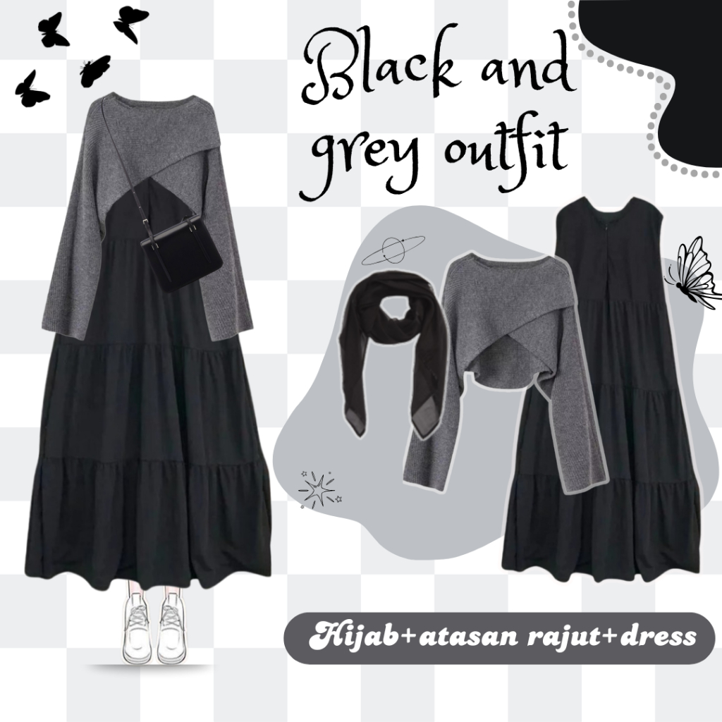 Setelan Wanita 3 in 1 Korean Style Atasan Rajut Silang Dark Grey Premium Inner Dress Hyget Hitam Bus