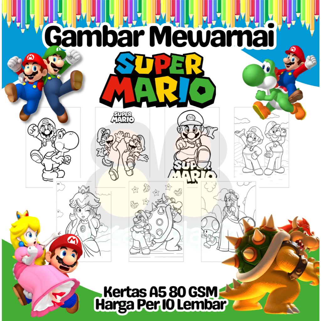

10 Lembar Kertas A5 Gambar Mewarnai Tema SUPER MARIO Termurah - Anak Anak TK SD PAUD Remaja