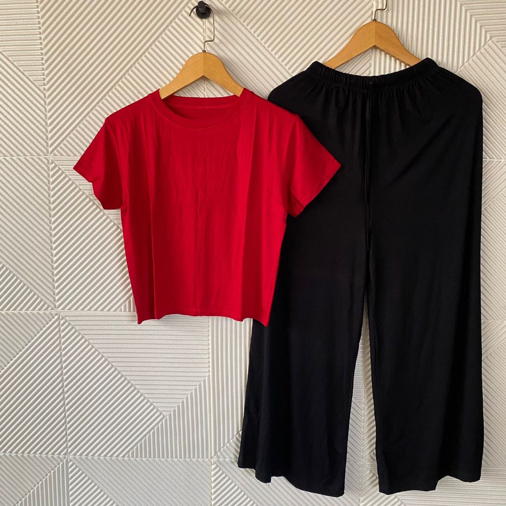 Setelan Crop Celana Panjang Wanita/Set Polos Basic Lengan Pendek/One Set Crop Wanita Spandek Rayon