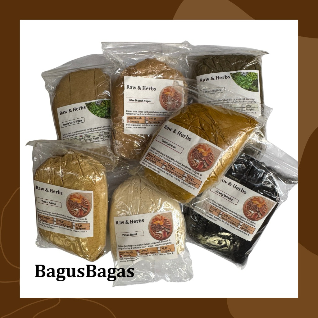 

GROSIR Bubuk Murni Rempah Herbal Bahan Jamu Tradisonal 100 g Temulawak Kunyit Jahe Emprit Merah Kencur Lengkuas Bangle Bidara Upas Keladi Tikus Klabet Manjakani Kayu Manis Rapet Legi Gingseng Jawa Bidara Laut Pati Garut