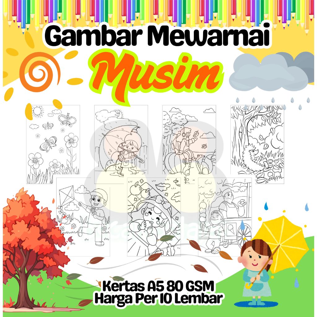

10 Lembar Kertas A5 Gambar Mewarnai Tema MUSIM CUACA SEASON Termurah - Anak Anak TK SD PAUD Remaja