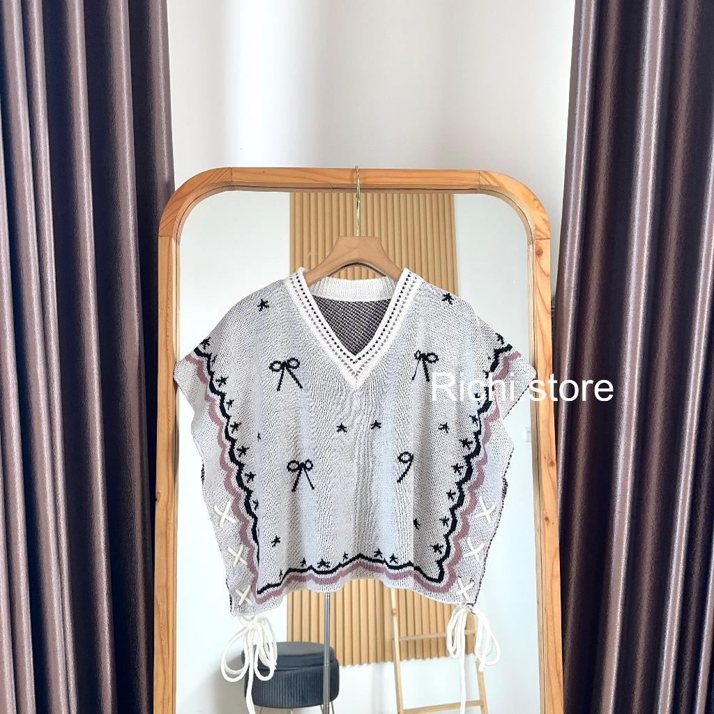 Adila Vest Crop Pita Rajut V-neck Atasan Rompi Wanita Knitwear