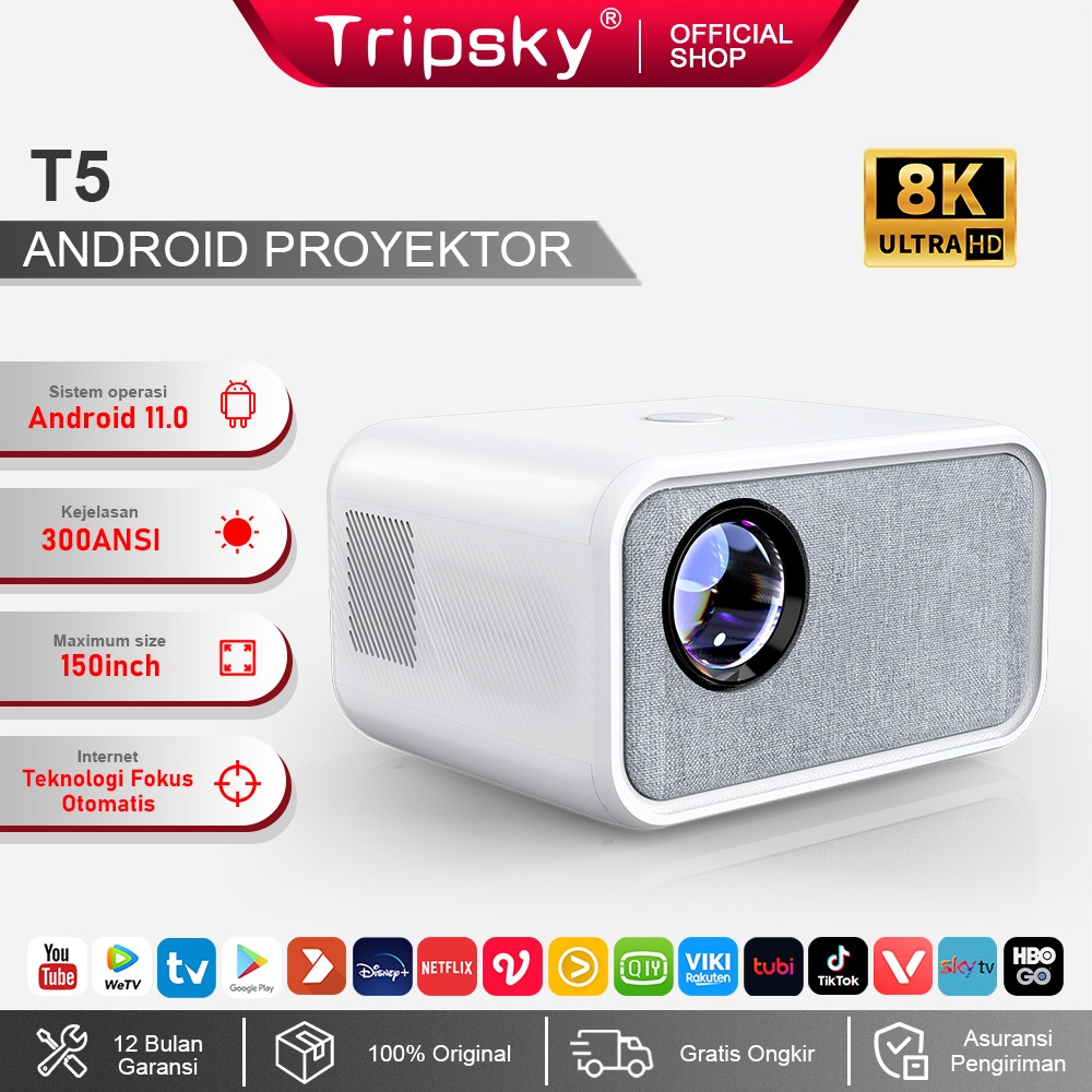 RUMPIN Tripsky T5 proyektor Android 11 OS 8K HD 300 ANSl Smart Projector Portable Proyektor Auto