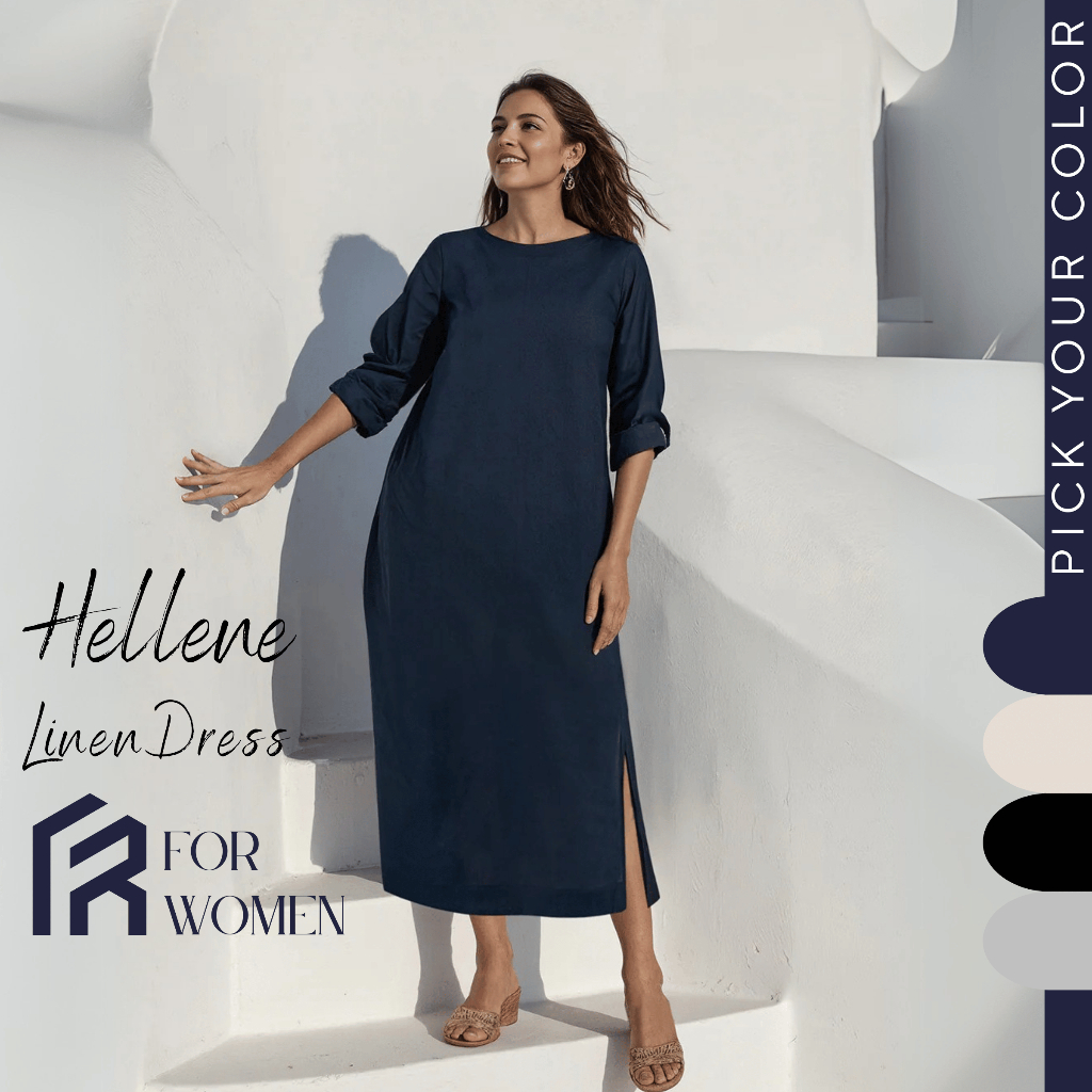 Dress Wanita - Hellene Midi Dress 7/8 Polos Bahan Linen Busui Friendly - Womens Comfort Daily Dress