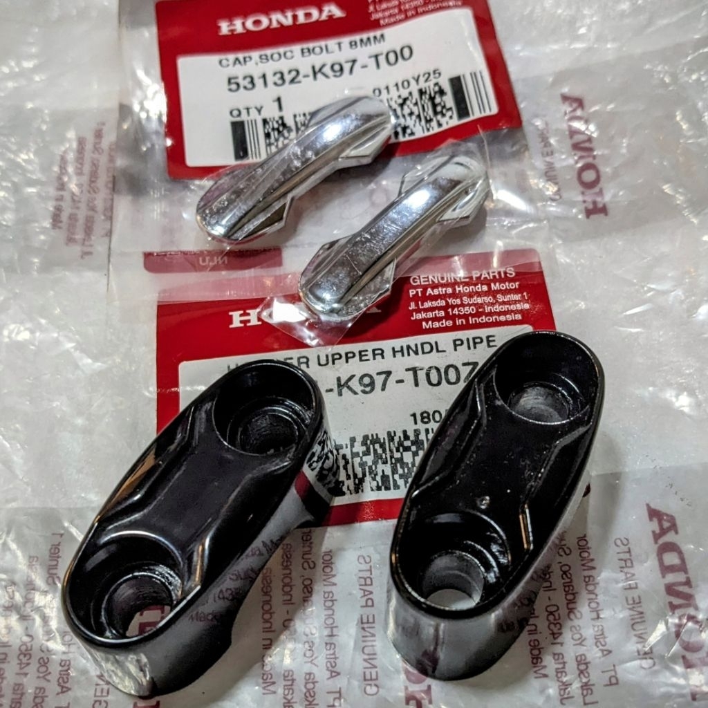 Paket set 4 pcs, Klem Stang PCX + Tutup Baut, Raiser atas PCX 150 & PCX 160 + Tutup Baut Raiser Chro