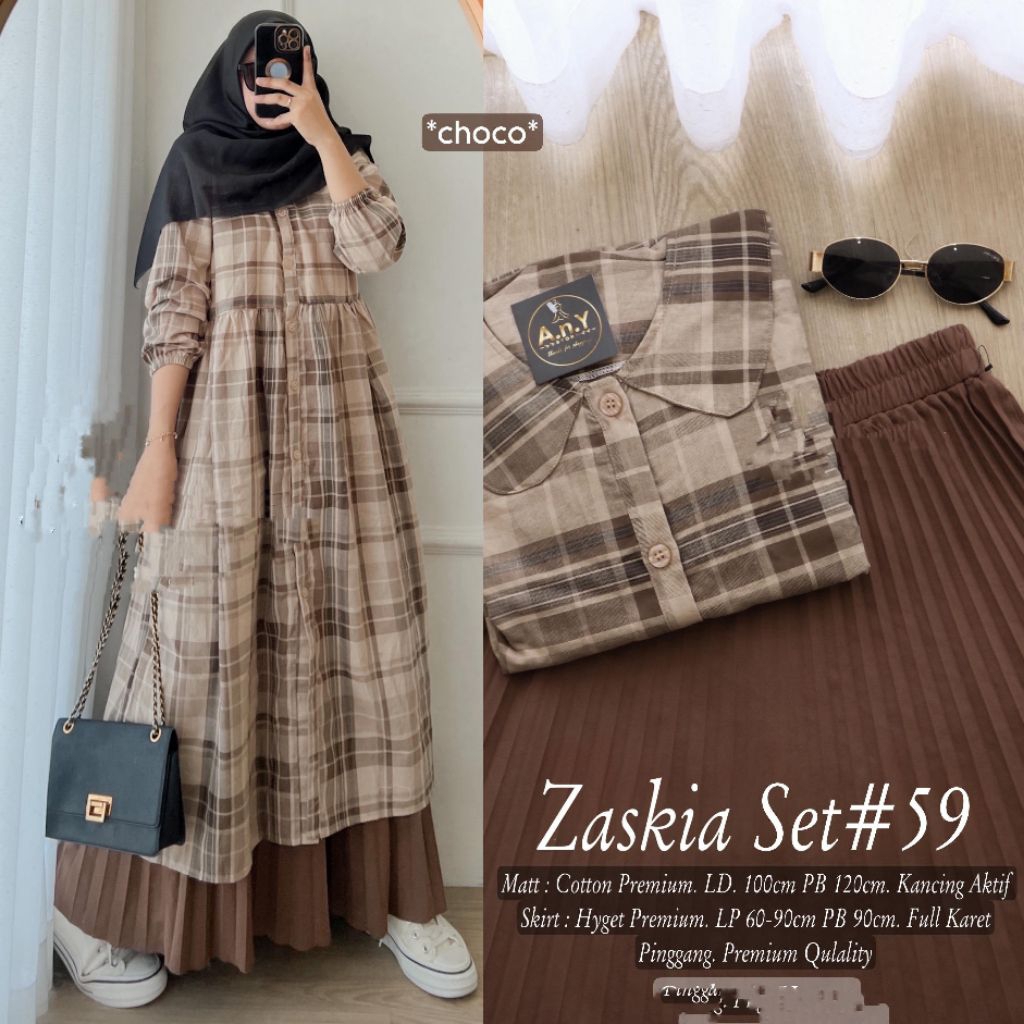 Baju Setelan Wanita Muslim Zaskia Serea Zorea Serina Set Rok Plisket Hyget Polos Atasan Long Tunik K