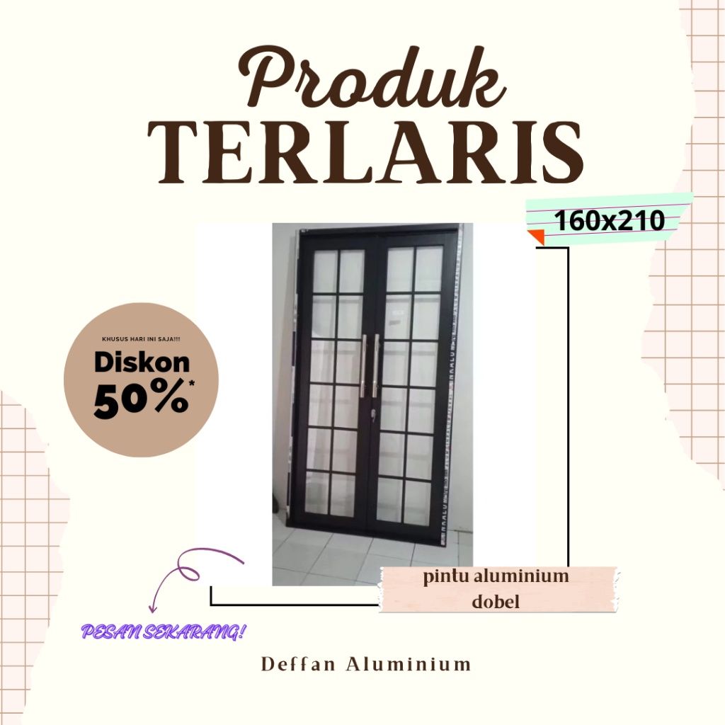 Pintu Aluminium Kaca Dobel L160xT210 2 Daun (Kupu Tarung) Model Ornamen Pilihan 3inci Kaca Full 5mm 