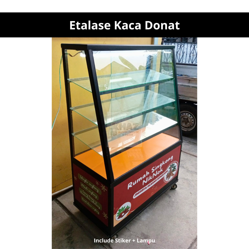 Etalase Donat Kaca Aluminium 100×50×150 cm – Display Roti Kue Full Aluminium Elegan & Tahan Lama + L