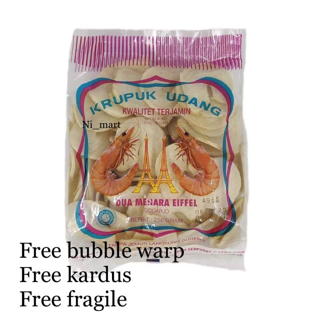 

(free kardus+free bubble) kerupuk UDANG khas sidoarjo DUA MENARA EIFEL 250g