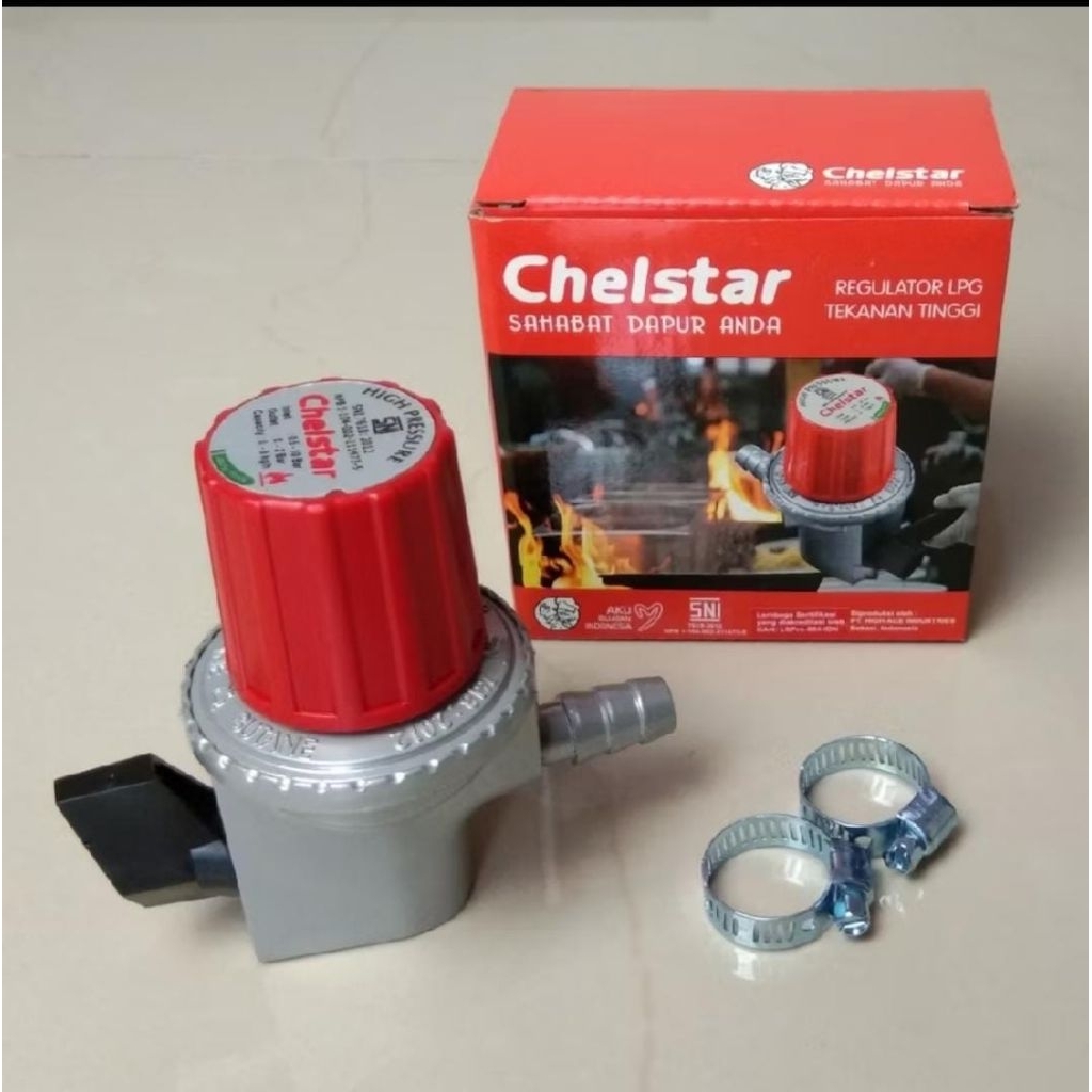 Chelstar Paket Regulator Gas Tekanan Tinggi dengan Selang 2 Meter dan 2 Klem