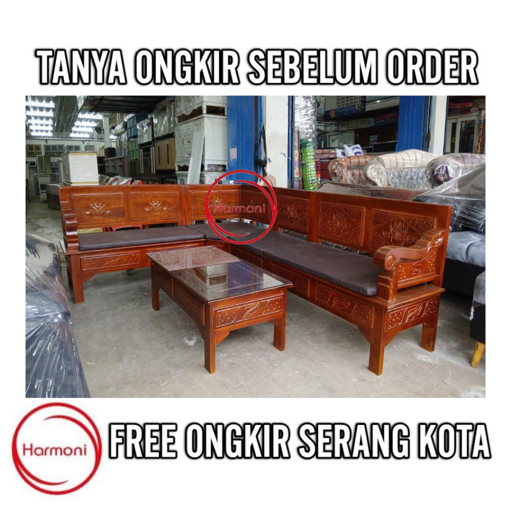 KURSI TAMU KAYU JATI L SUDUT JOK BUSA MEJA KACA SOFA KAYU JATI L SUDUT