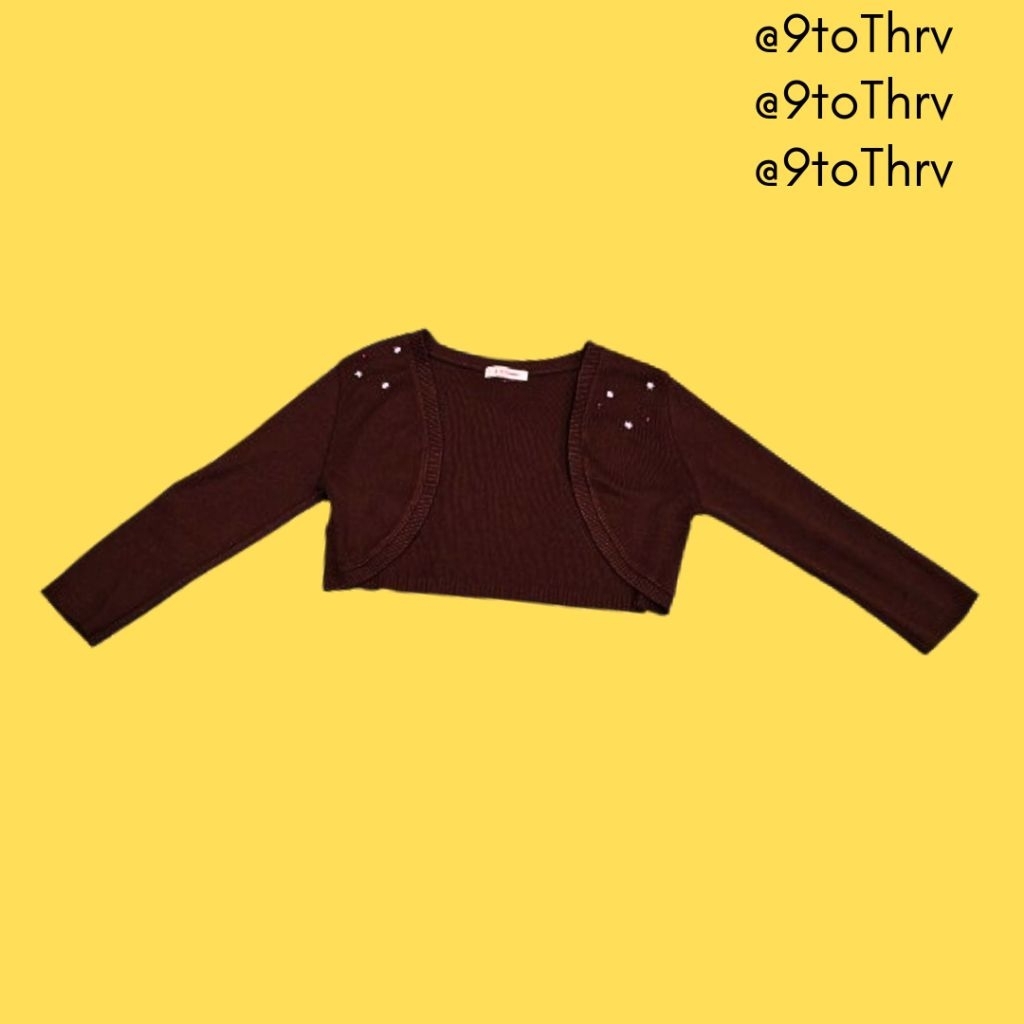 Bolero Anak Rajut Coklat Elegan | Cardigan Preloved Lengan Panjang Aksen Mutiara | Uk 4–6th