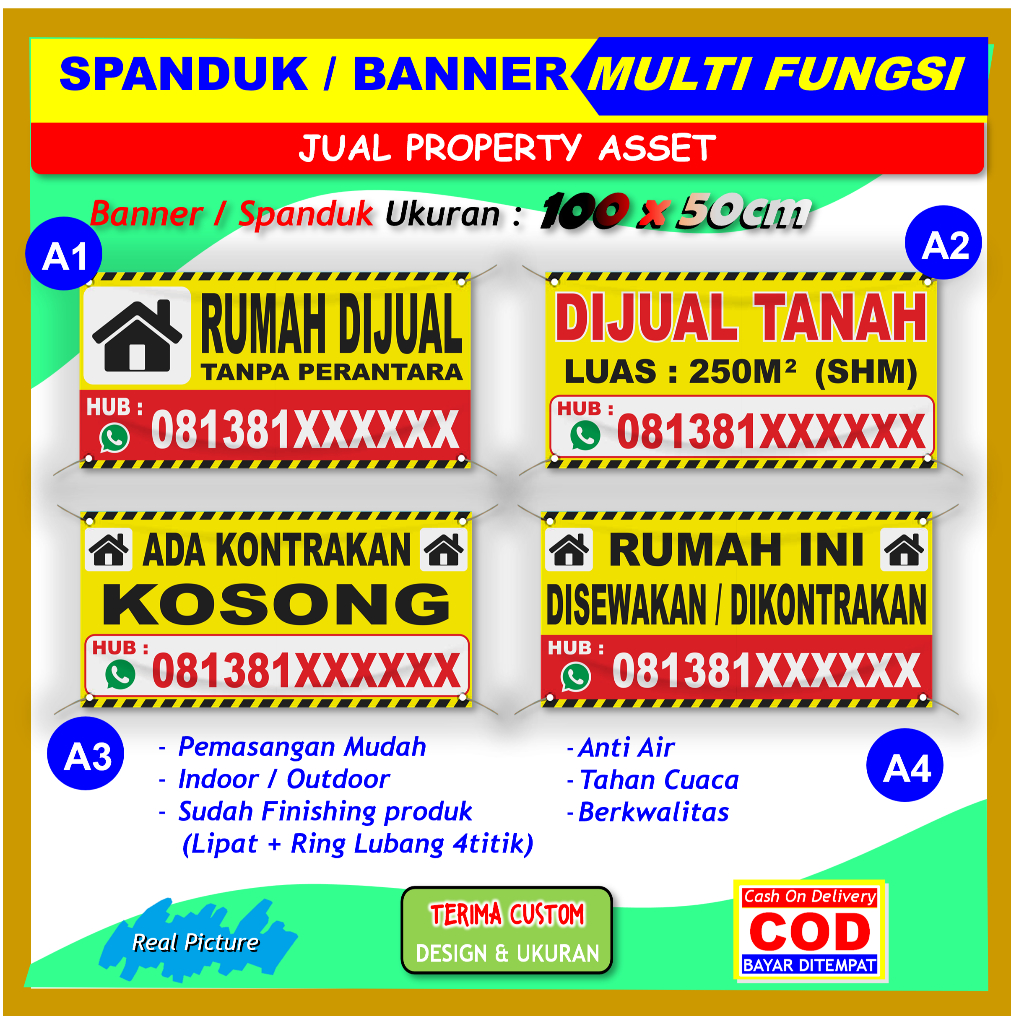 Banner / spanduk jual rumah tanah kontrakan kosong disewakan informasi property