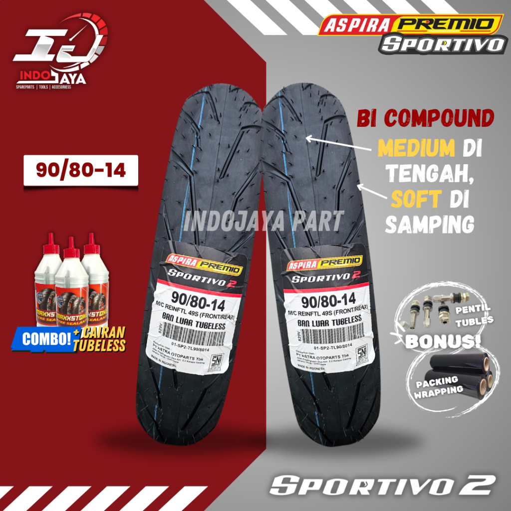 [PRODUK TERBARU] BAN LUAR ASPIRA PREMIO SPORTIVO 2 (90/80-14) BAN LUAR TUBELESS PREMIO / DEPAN BELAK