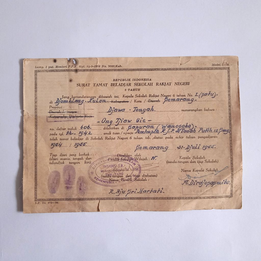 

Antik Koleksi Dokumen Lama Surat Tanda Tamat Beladjar Sekolah Rakjat Negeri Semarang 1955 Utuh Tua Layak Koleksi