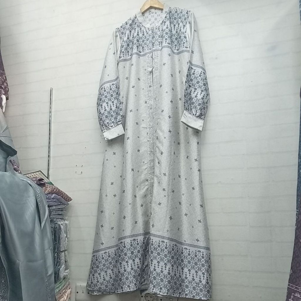 DSR FASHION MUSLIM PAKAIAN WANITA DRESS GAMIS MOTIF SEMI BATIK PRINTING WARNA PUTIH SILVER LENGAN PA