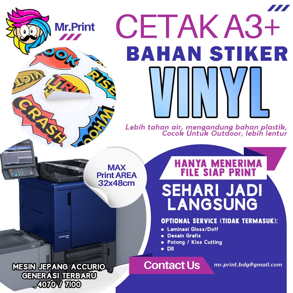 

Jasa Digital Print Cetak A3+ Stiker Vinyl Sticker Vinil Percetakan Stiker Vinyl venil Digital Laser Toner Print Mesin Jepang Konica Minolta Accurio 2026 -MR.PRINT