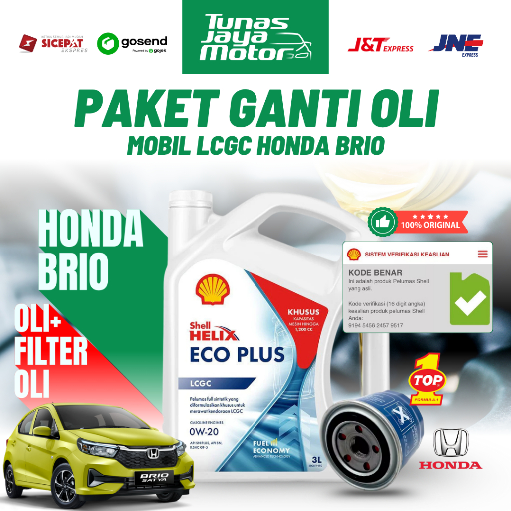 Paket Ganti Oli Mesin Mobil LCGC Shell Helix Eco Plus 0-20 + Filter Oli Top One untuk Mobil Honda Br
