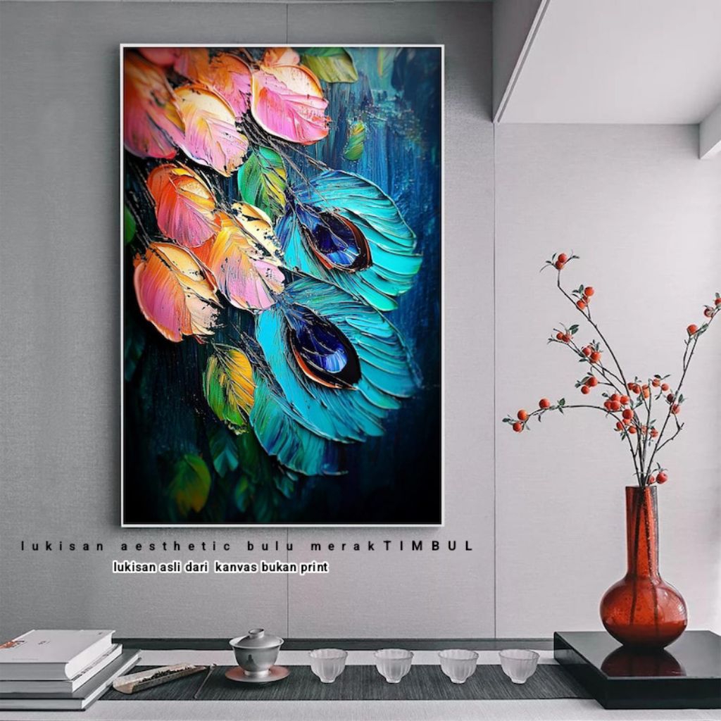lukisan abstrak bulu merak modern art Japanese hiasan dinding dekorasi rumah
