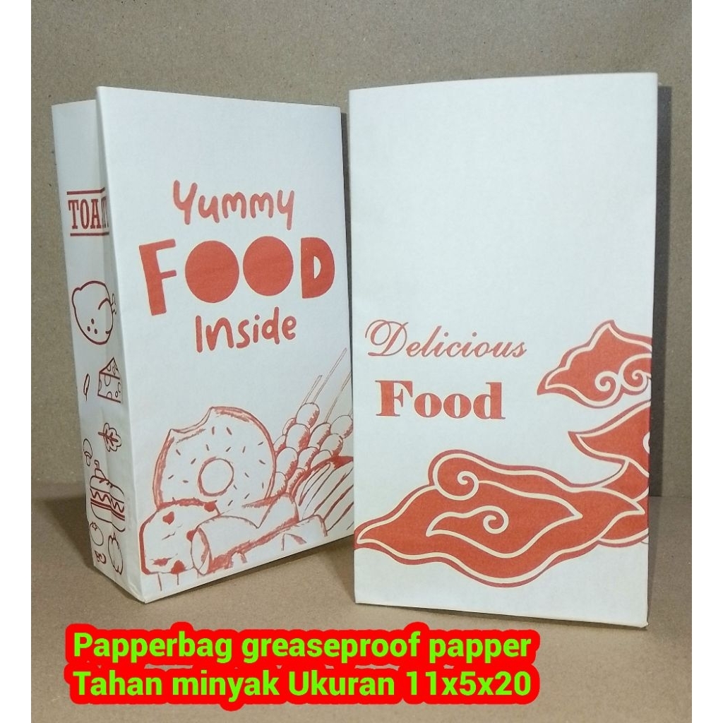 

KANTONG KERTAS / PAPPERBAG Greasseproof papper Tahan minyak BISA COSTUM LOGO Ukuran 11x5x20 cm