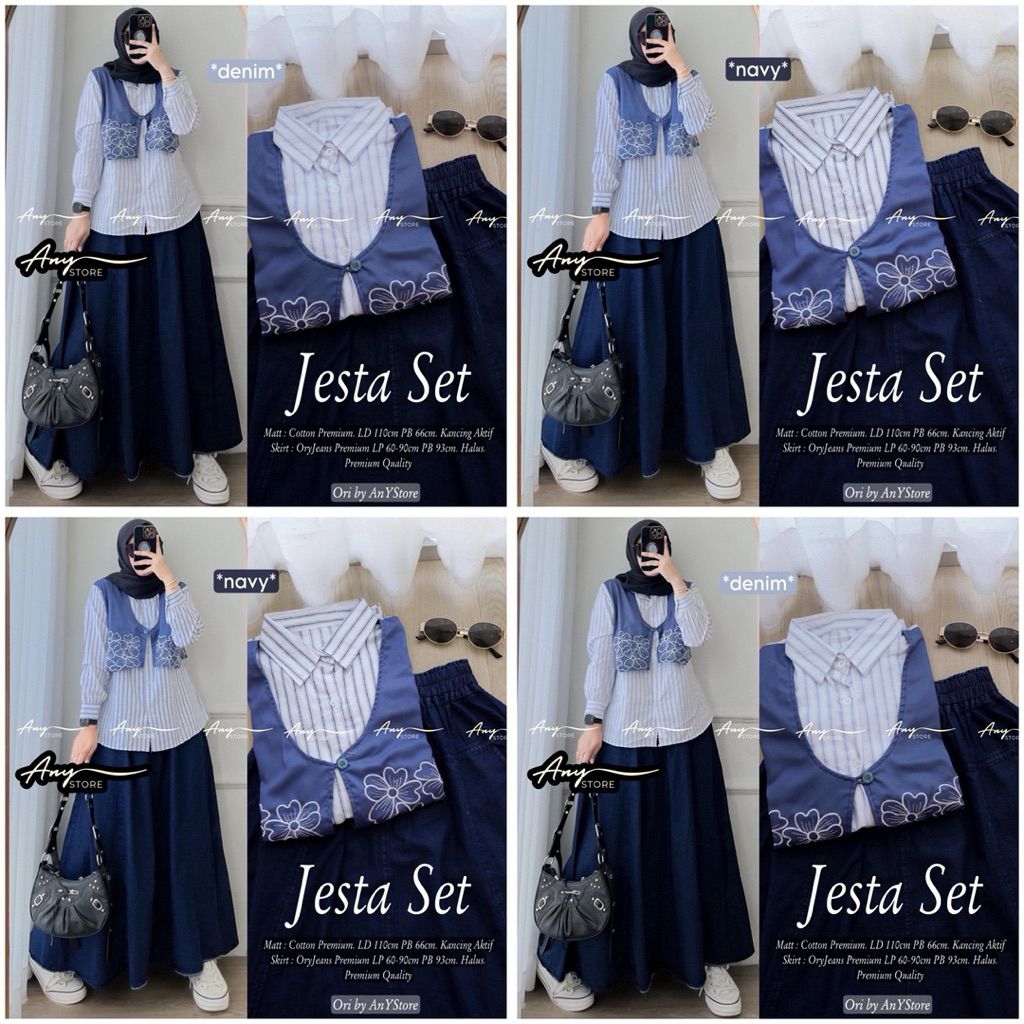 Jesta One Set Rok Jeans Kemeja Stripe Baju Kemeja Wanita/Setelan Wanita Kekinian Rok Jeans Panjang