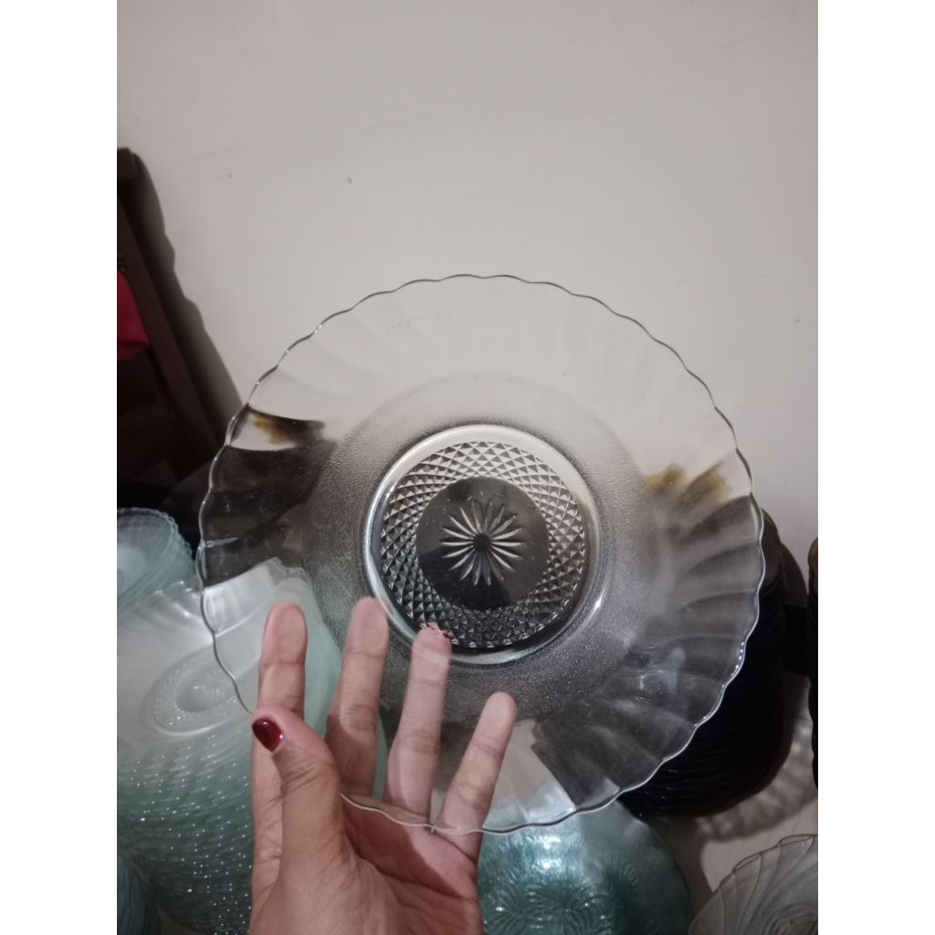 PROMO  MURAH 6 BIJI - Piring Makan Kaca Motif / Mangkok Kaca Bening D 20cm / Piring Hajatan Murah / 