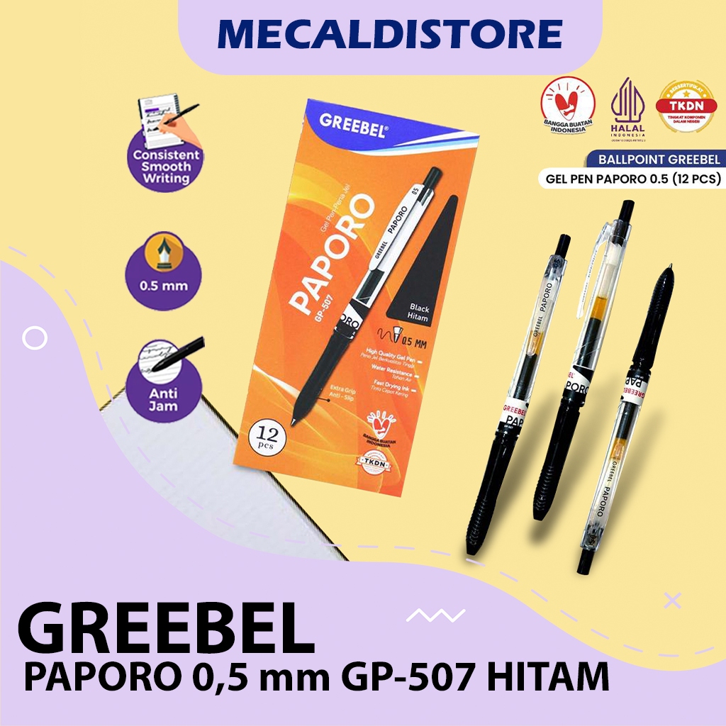 

PULPEN GEL GREEBEL PAPORO 0,5mm GP-507 HITAM 12PCS TERLARIS
