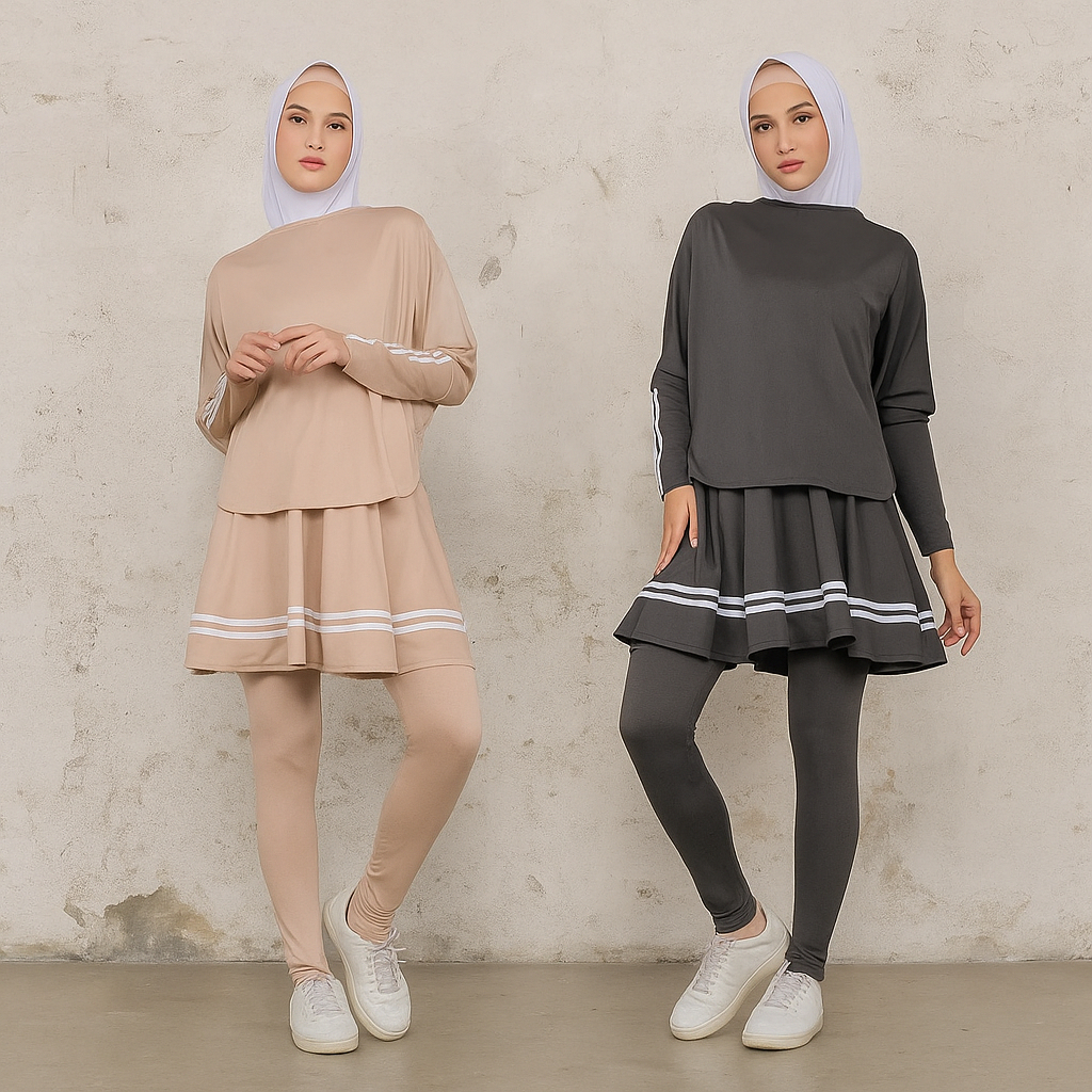 FUJI SET Setelan Olahraga Training Wanita Modis - Satu Set Pakaian Olahraga Wanita Rok Lengan Panjan