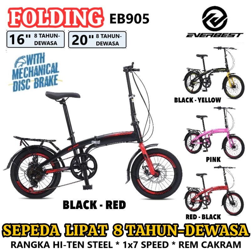 EVERBEST EB905 Sepeda Lipat Ukuran 16 20 Inch Rangka Steel 7 Speed Rem Cakram Anak 8 Tahun Dewasa