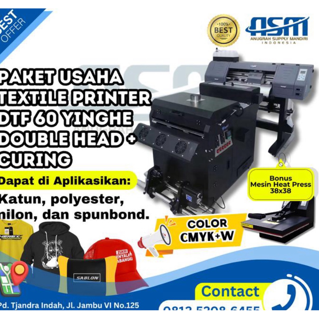PAKET USAHA SABLON DTF- TEXTILE PRINTER MESIN DTF 60CM YINGHE DOUBLE HEAD XP600 + CURING
