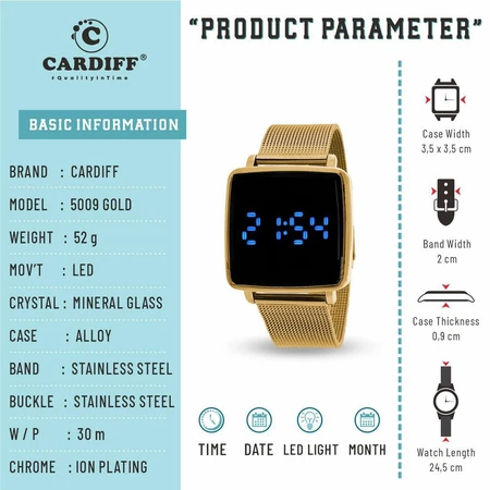 WTT CARDIFF Jam tangan LED touch screen sport pria wanita 5009 Stainless Rantai Tahan Air unisex