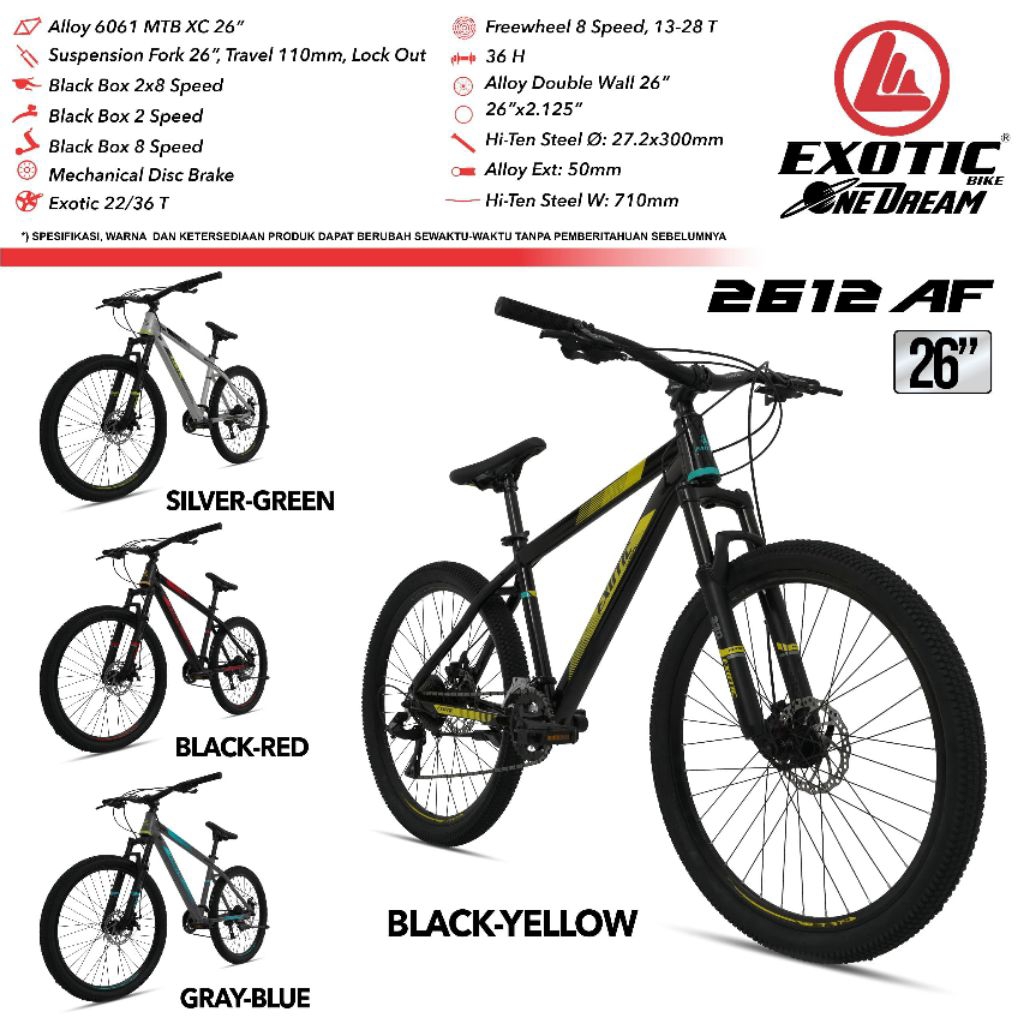 Sepeda MTB 26 inc EXOTIC 2612 AF Alloy 2x8 speed