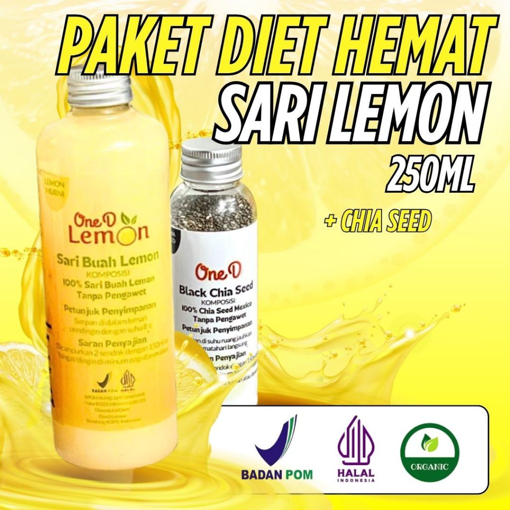 

PAKET DIET OneD Sari Lemon 250ML Dan Chiaseeds 100GR Murni Alami 100% Untuk Detoks Dan Diet Alami