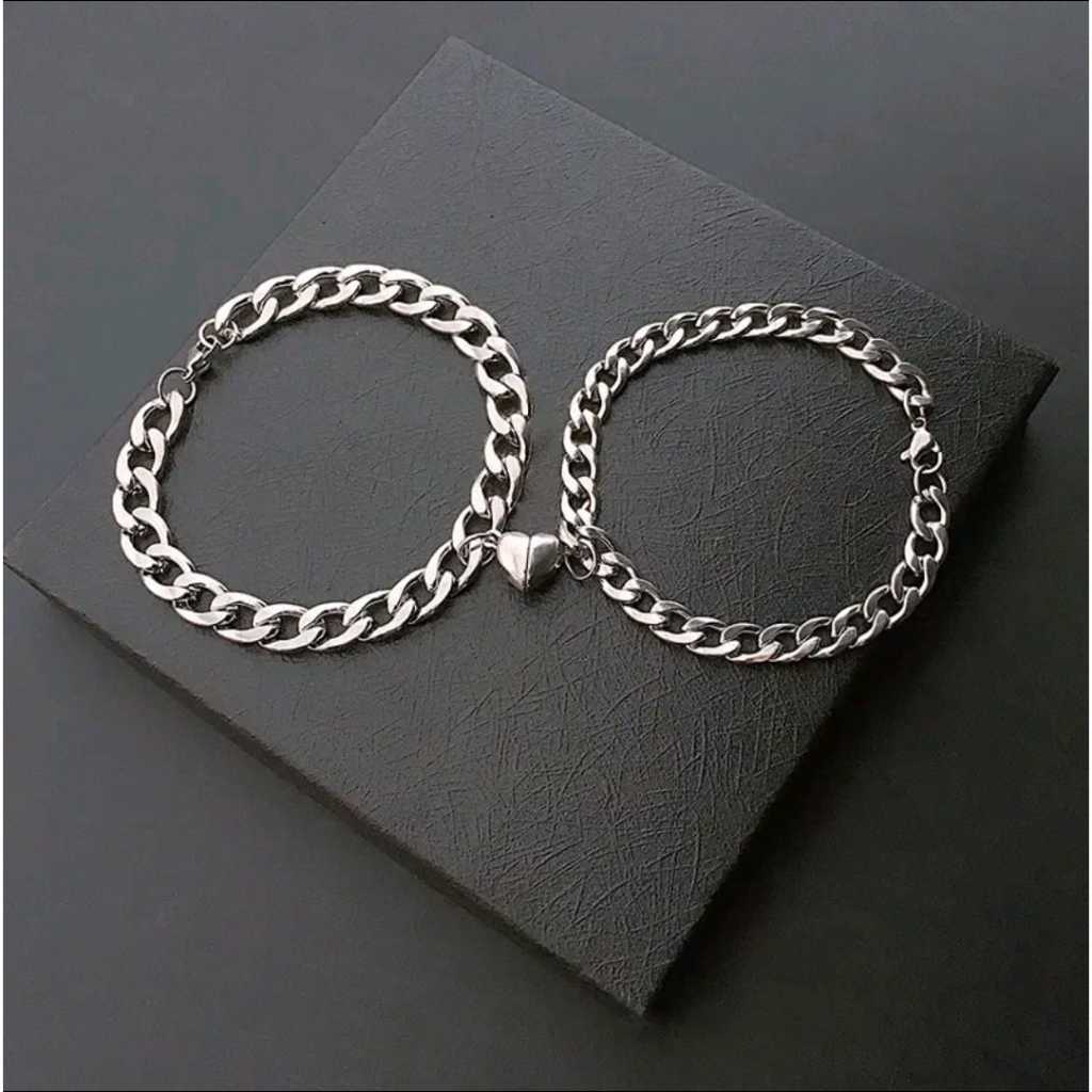 1 SET GELANG RANTAI COUPLE WANITA PRIA LIONTIN LOVE MAGNET ANTI KARAT & LUNTUR KOREAN FASHION