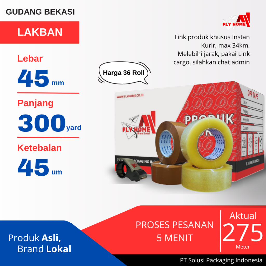 

FLYHOME 1Dus Lakban Bening Coklat 45x300Y 2inci 275METER 300 Yard Uk Besar INSTAN