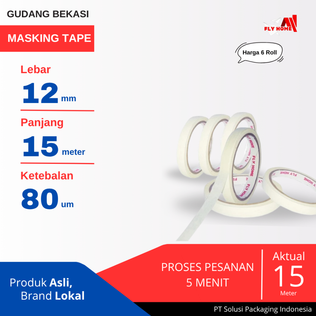 

FLYHOME 6Roll Lakban Kertas 12x15M 1/2inchi Masking Tape 15meter