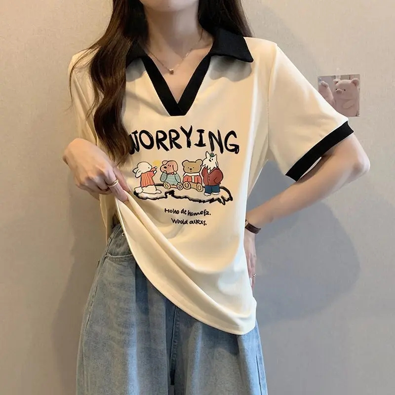 [Enamor] Tabrakan wanita ukuran besar kaos lengan pendek leher V atasan tipis longgar longgar