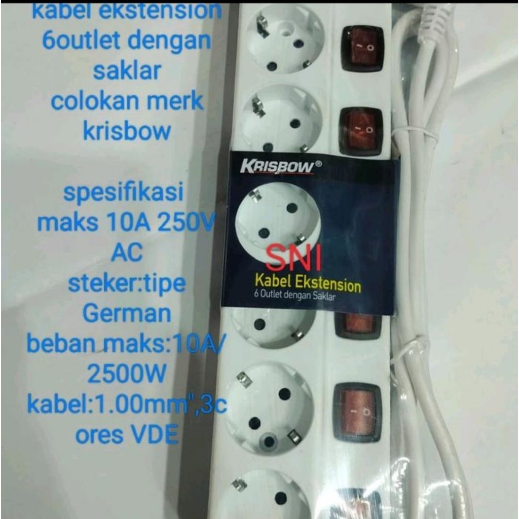KABEL COLOKAN LISTRIK 6 LUBANG MERK KRISBOW/COLOKAN STOK KONTAK MERK KRISBOW SNI