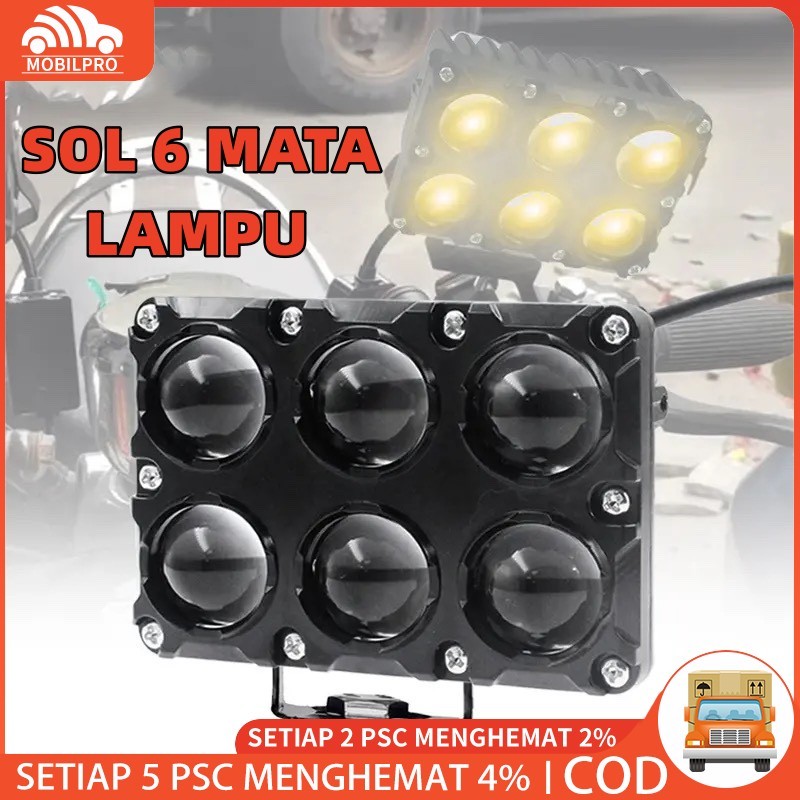 LAMPU TEMBAK LASER FOGLAMP SOL 6 MATA LAMPU TEMBAK LED 6 MATA MOTOR MOBIL 2 WARNA Putih Kuning SUPER