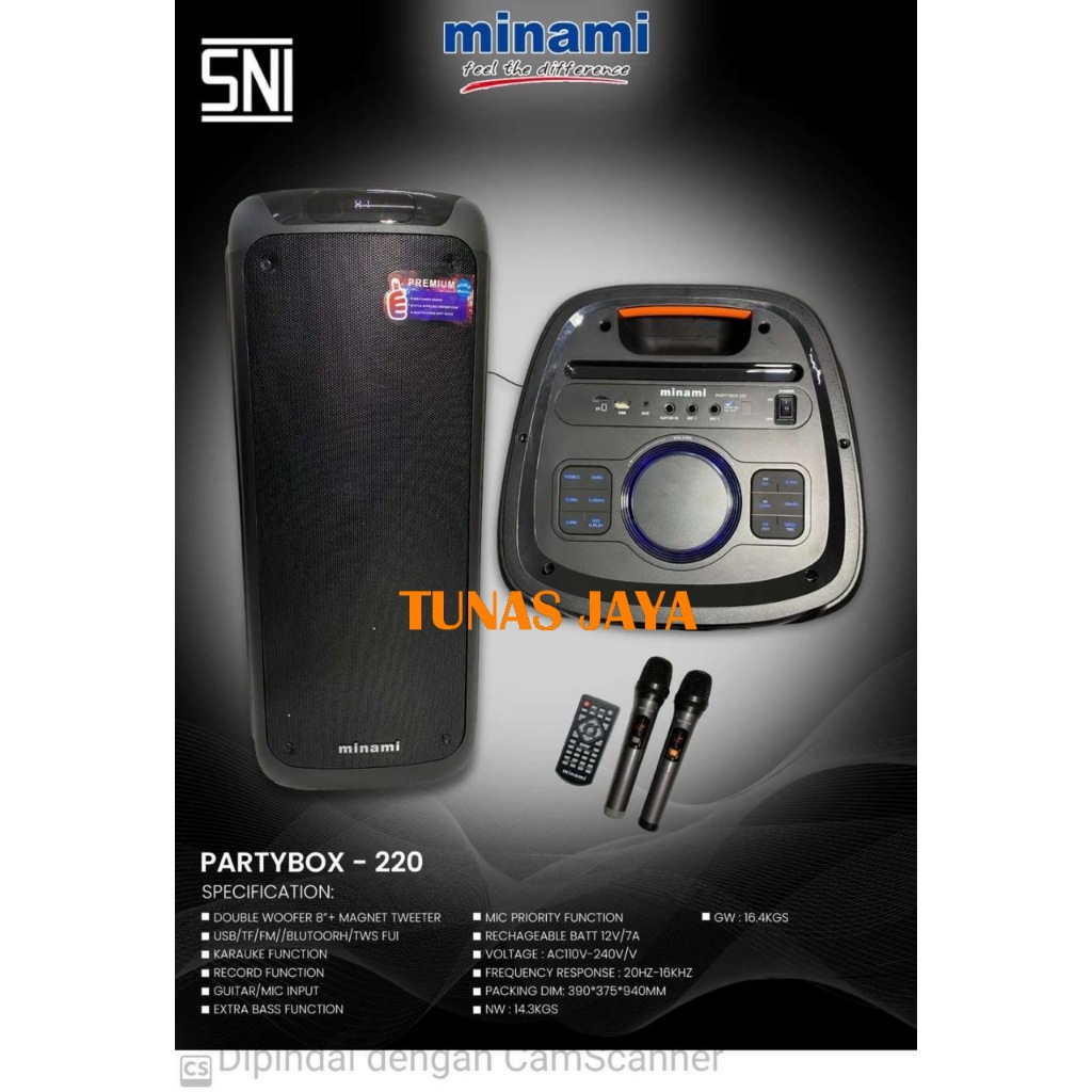 SPEAKER PORTABLE DOUBLE MINAMI PARTYBOX 220 PREMIUM 2X8 INCH PARTYBOX220 LUXURY