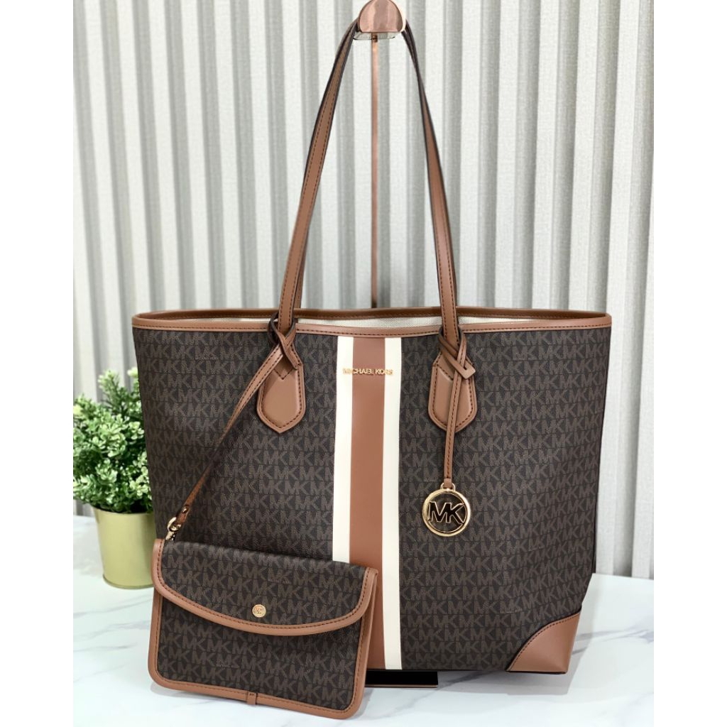 MK Eva Large Signature Logo Stripe Tote Bag Brown n