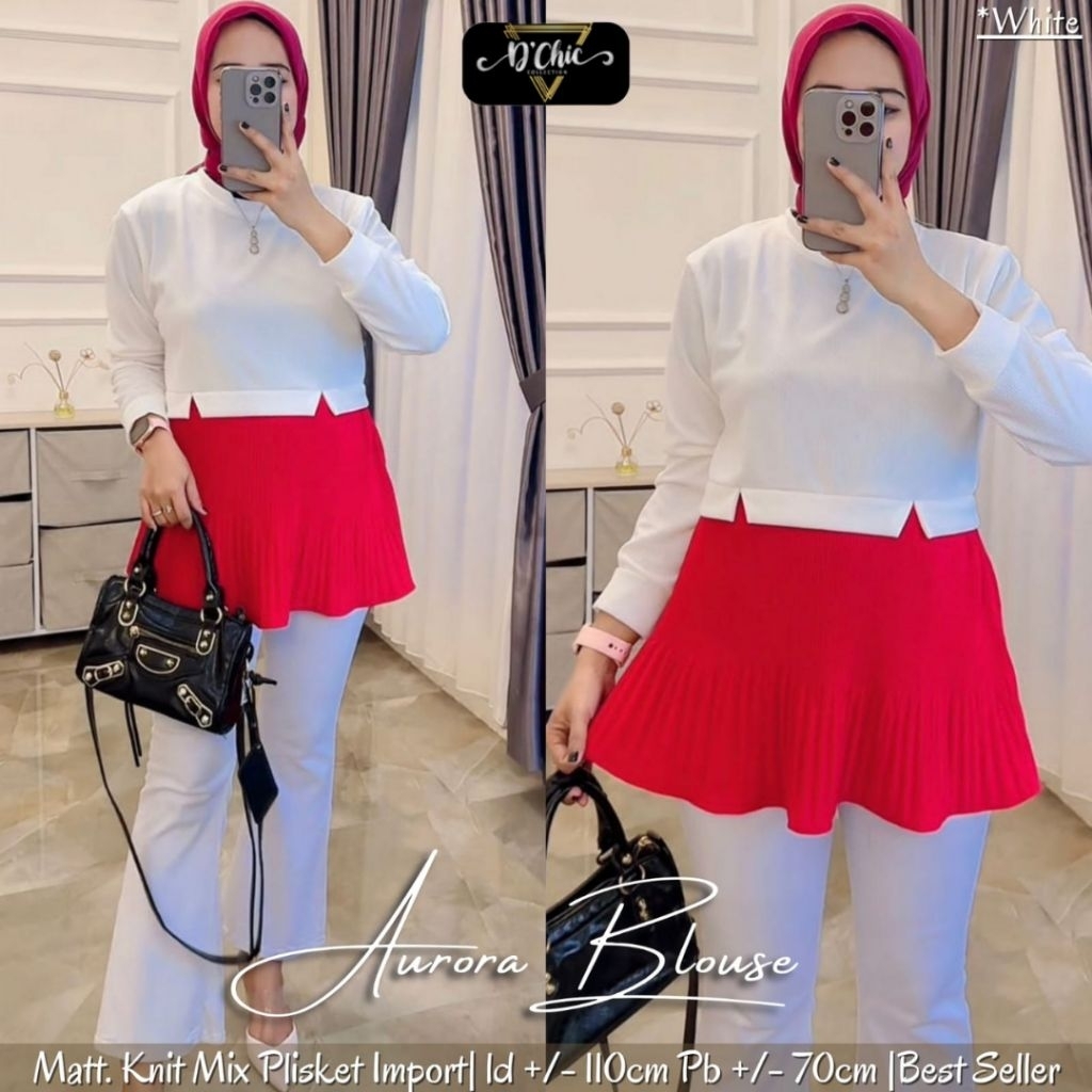 Aurora Blouse Merah Putih Atasan Model Rampel Plisket