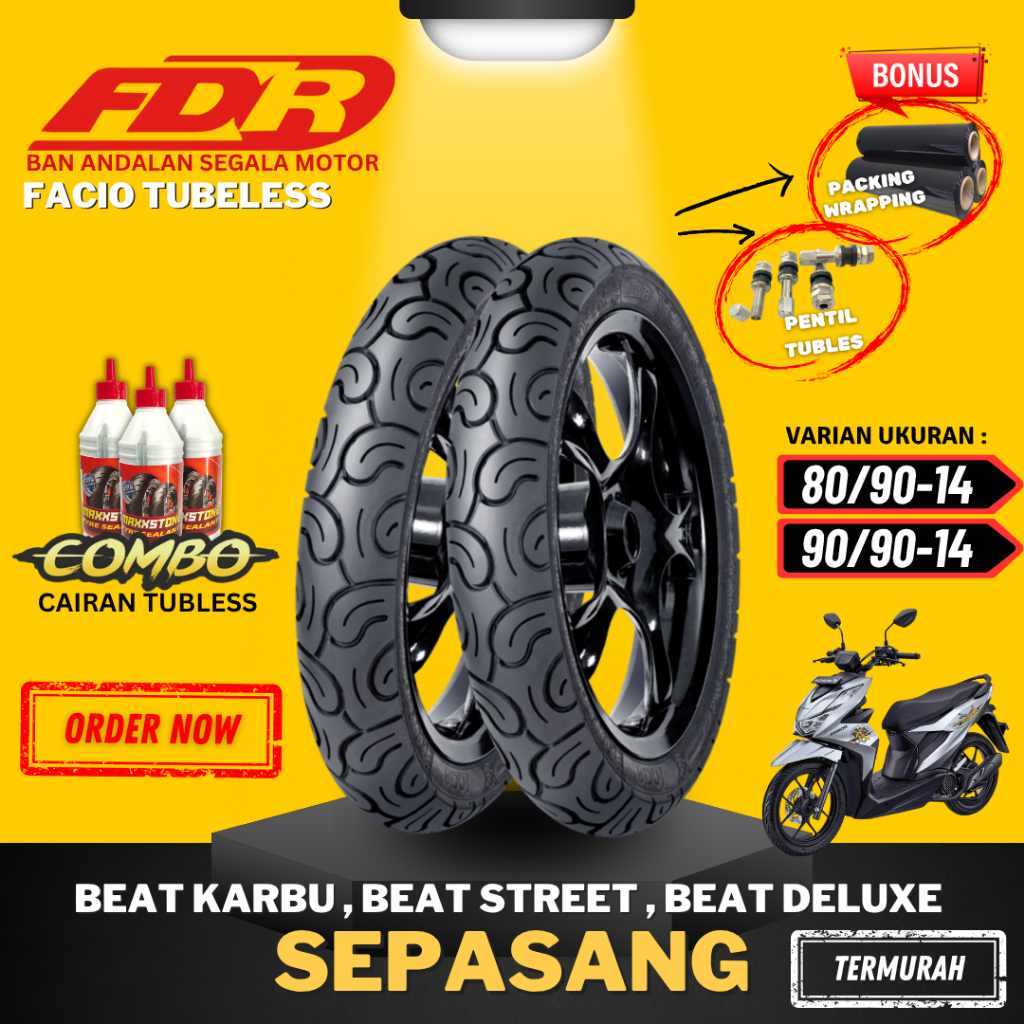 [SEPASANG MURAH] BAN FDR FACIO RING 14 / ( 80/90-14 / 90/90-14 ) BAN FDR TUBELESS TUBLES RING 14 / B