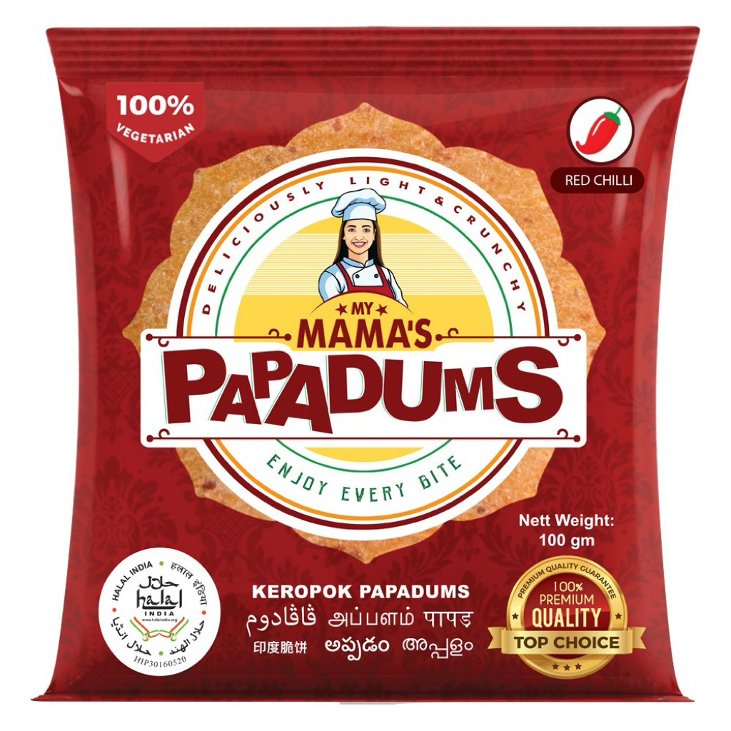 

MY MAMA'S PAPADUMS - CHILLI FLAVOUR - 100 GRAMS - Halal Product - Premium Quality Appalam