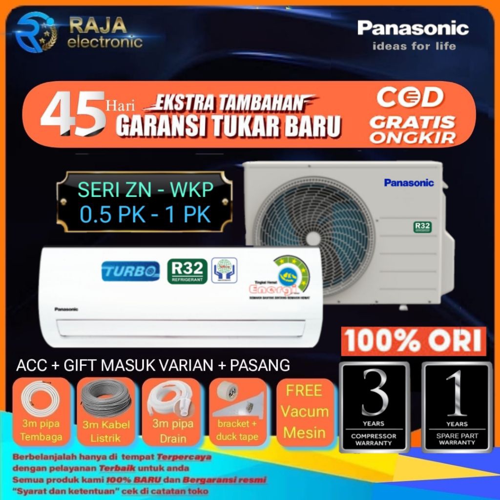 AC PANASONIC 1/2 PK ZN 05 WKP NON INVERTER R32 SI BIRU + INSTALASI PEMASANGAN & TUKAR TAMBAH