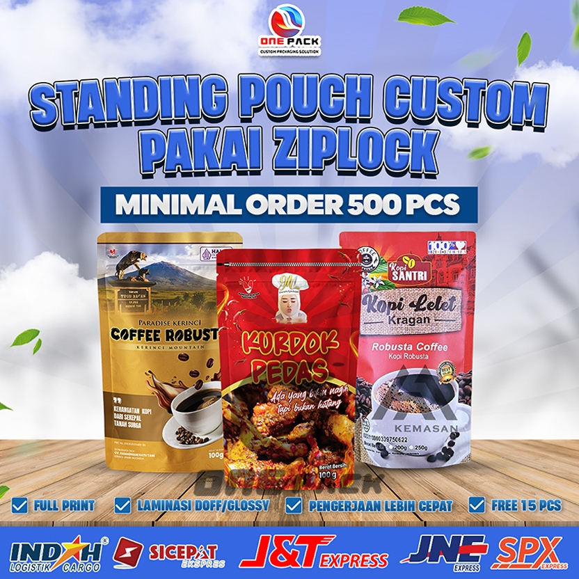500 PCS - STANDING POUCH CUSTOM PAKAI ZIPLOCK KEMASAN MAKANAN PRINTING BUNGKUSAN MAKANAN KOPI TEH