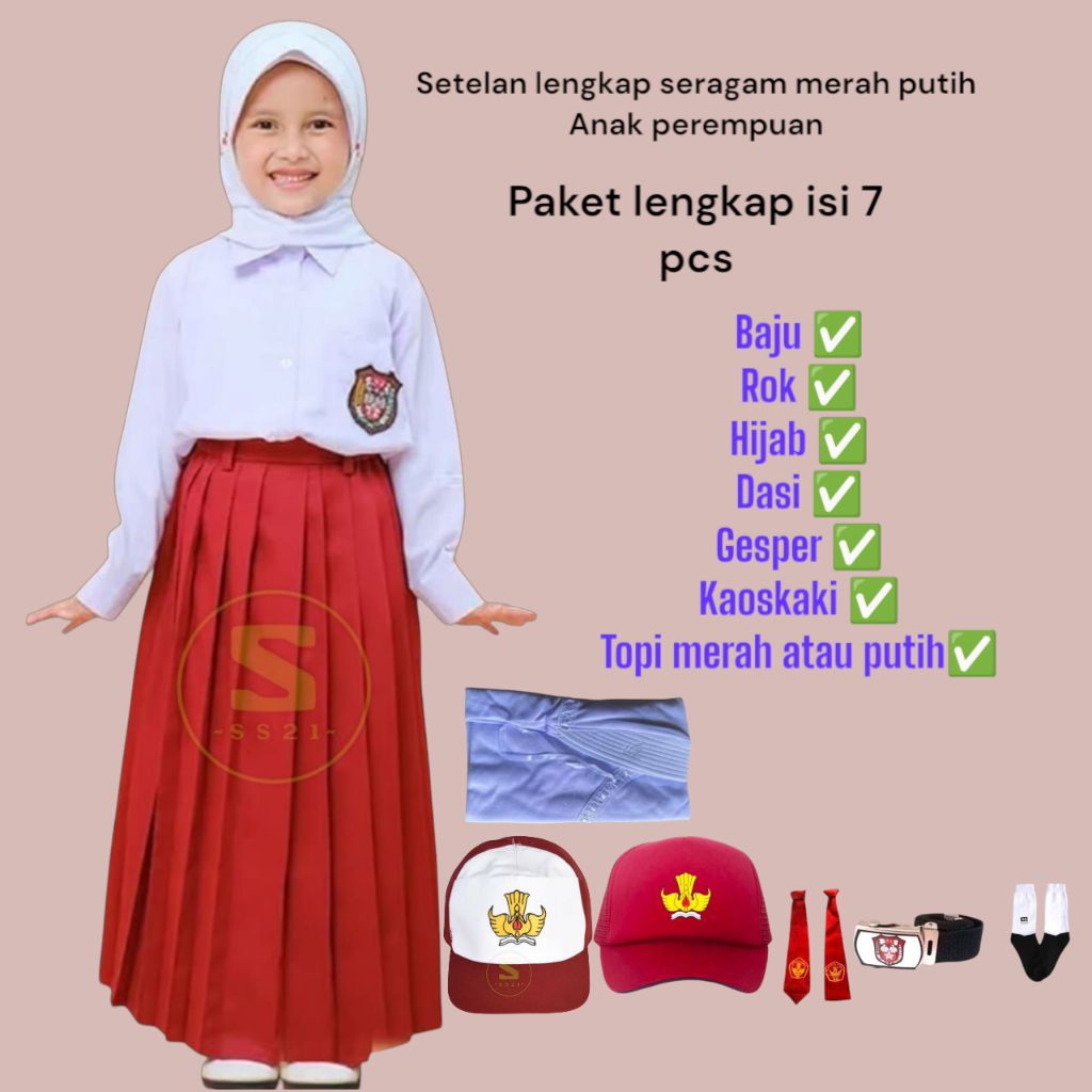 setelan seragam merah putih anak perempuan berhijab / setelan seragam / setelan merah putih / setela