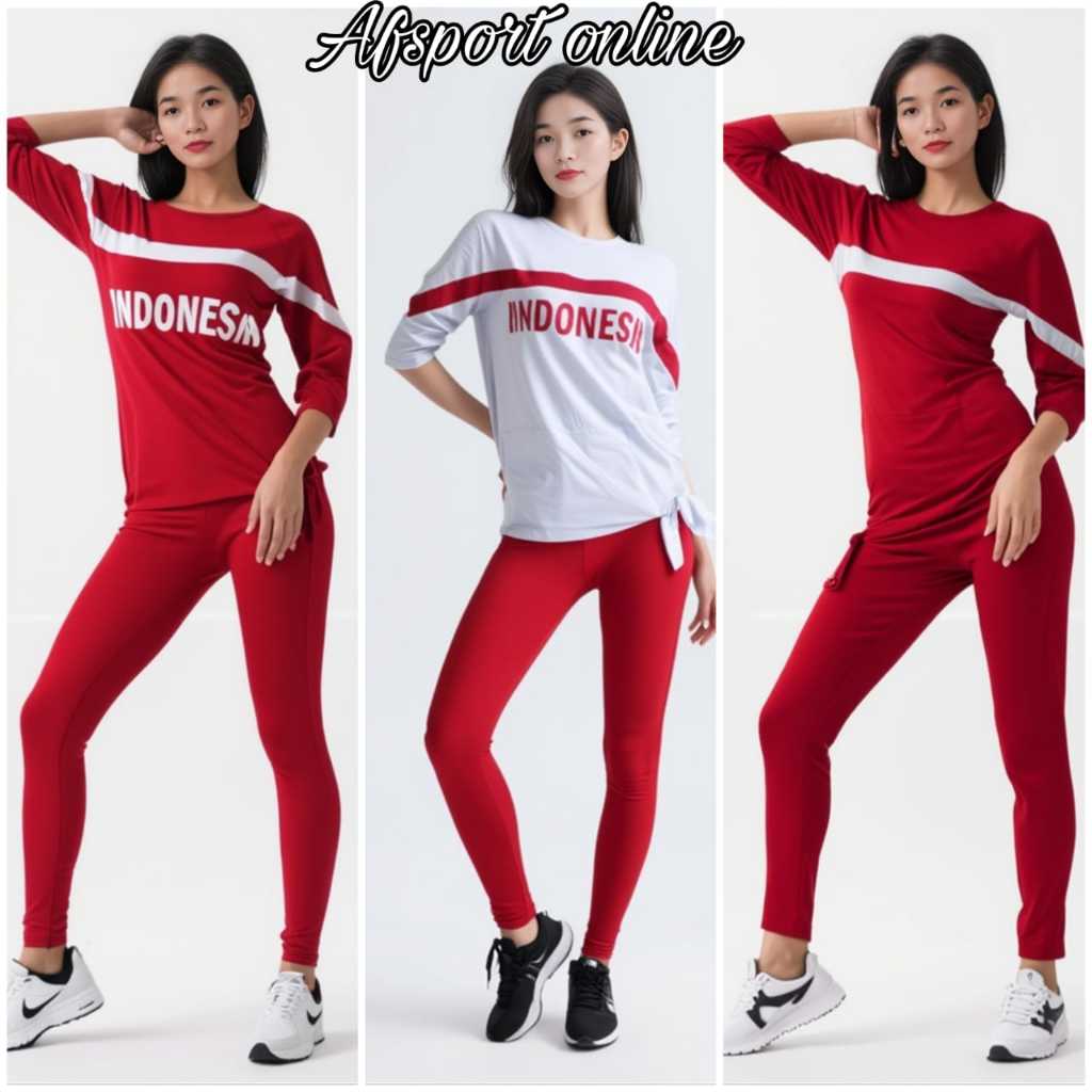 set baju senam merah putih seragaman olahraga aerobik zumba