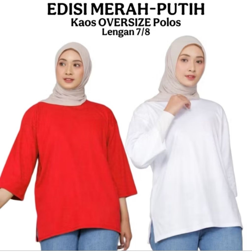 EDISI MERAH-PUTIH KAOS POLOS OVERSIZE WANITA LENGAN 7/8