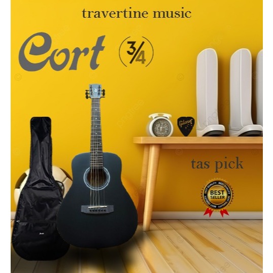 Guitar Gitar Acoustic Cort 3/4 Hitam Strings High Quality Limited Edition